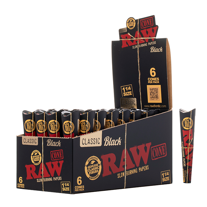 RAW Black Classic 1-1/4" Pre-Rolled Cones - 192ct Box